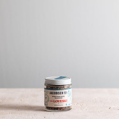2.2 oz jar of Jacobsen Co. Everything Bagel Seasoning, a collaboration with Loveski Deli