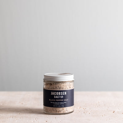 A 4.3 oz jar of Jacobsen Inufused Black Pepper Salt.