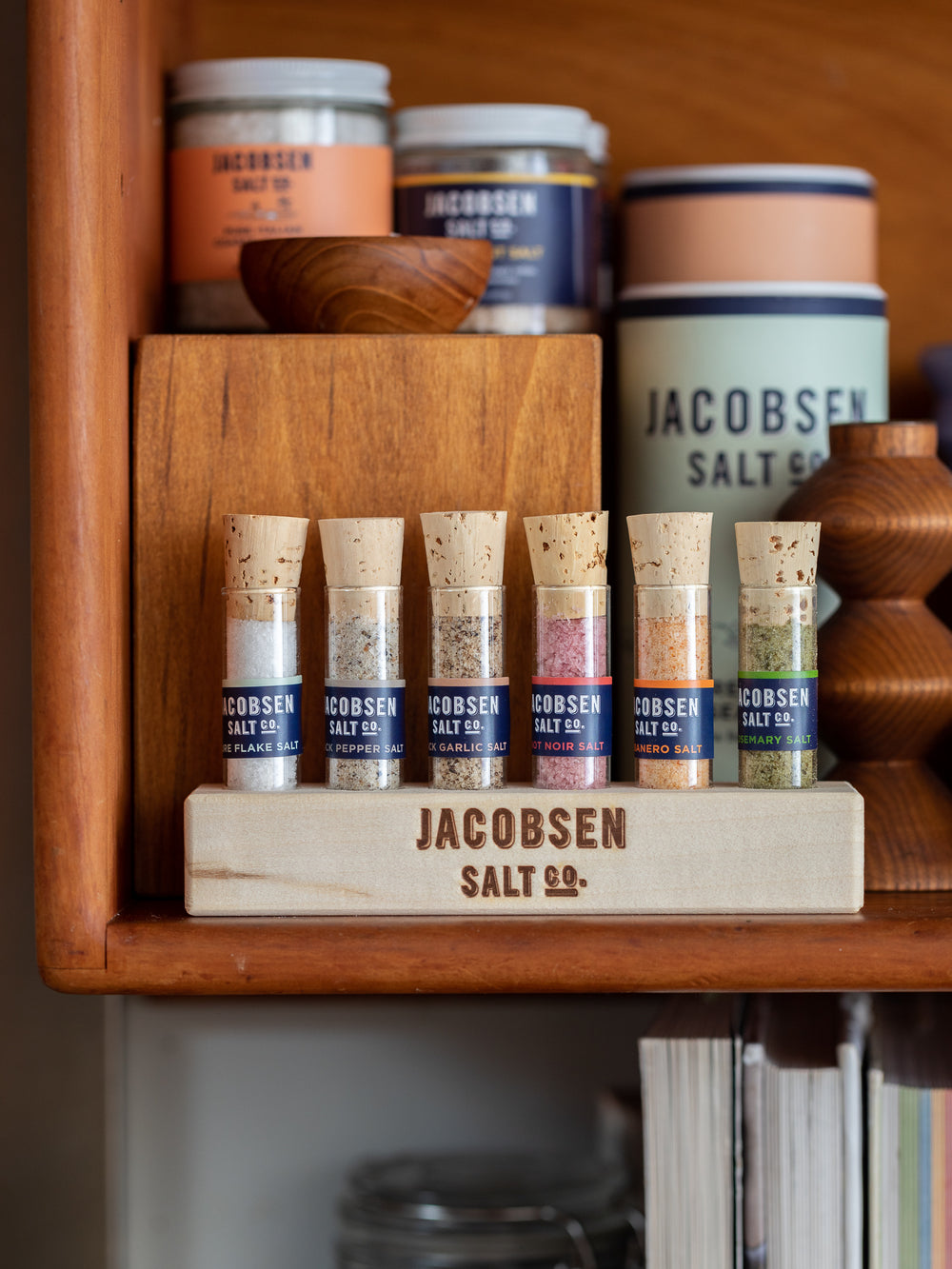 Six Vial Infused Salt Set with Branded Wood Stand