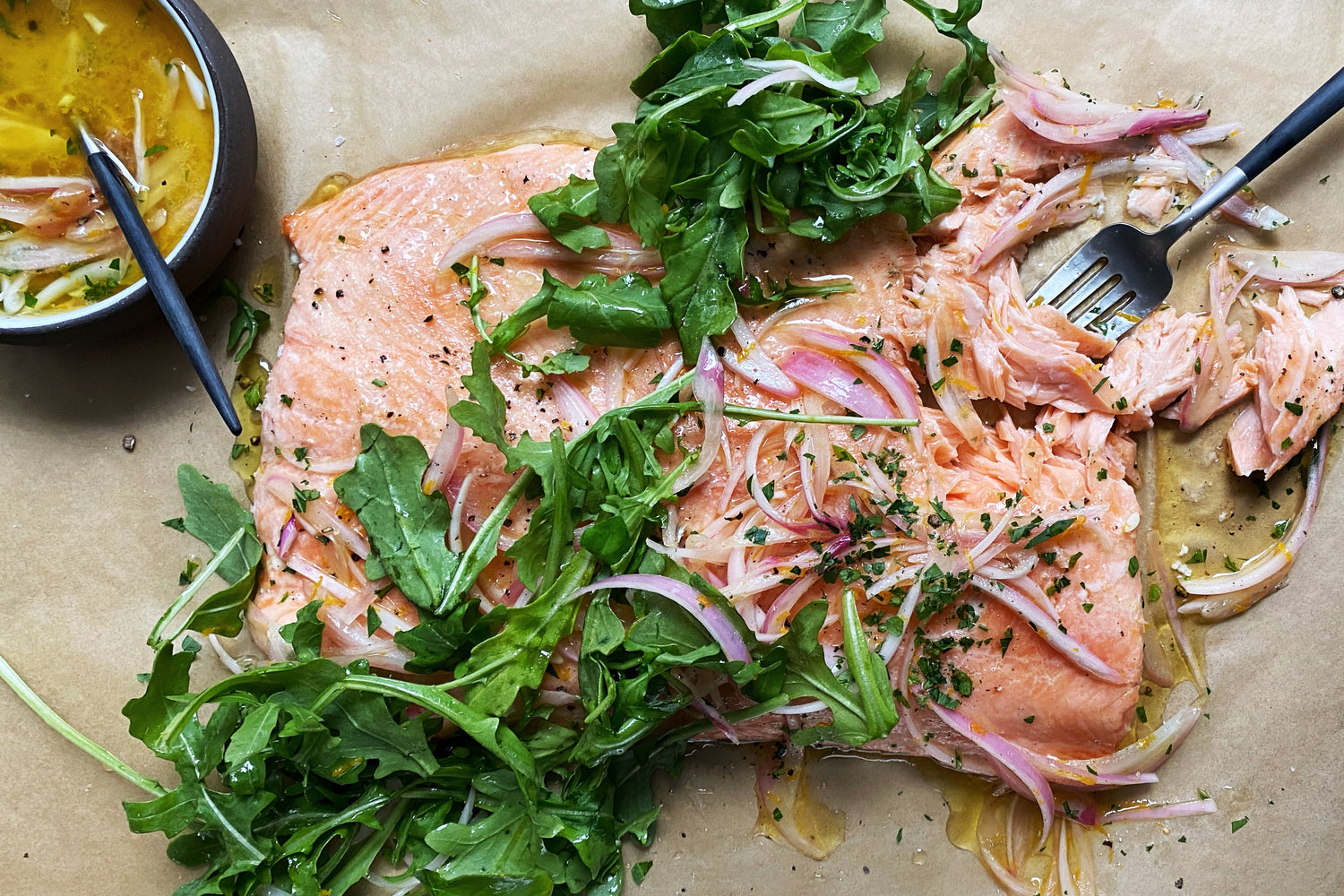 Roasted Salmon With Citrus Shallot Vinaigrette and Arugula