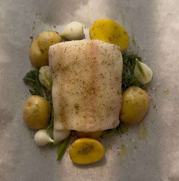 Black Cod en Papillote with garlic and potatoes