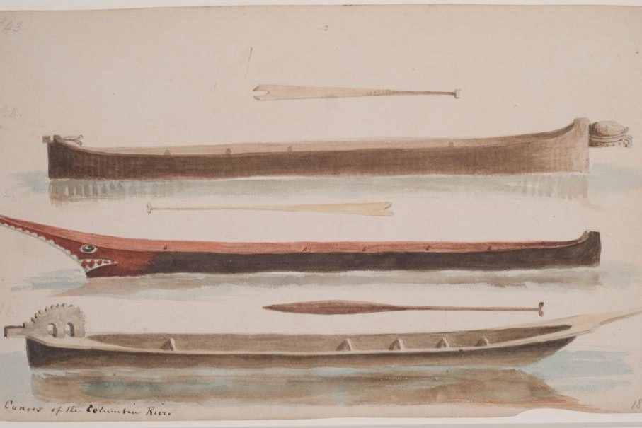 Rustic drawing of three canoes. 