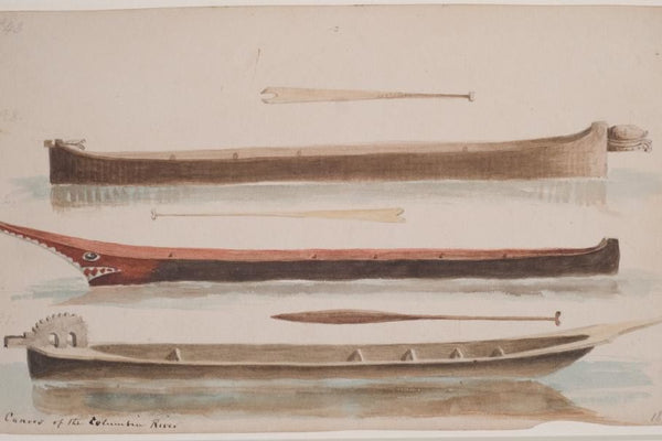 Rustic drawing of three canoes. 