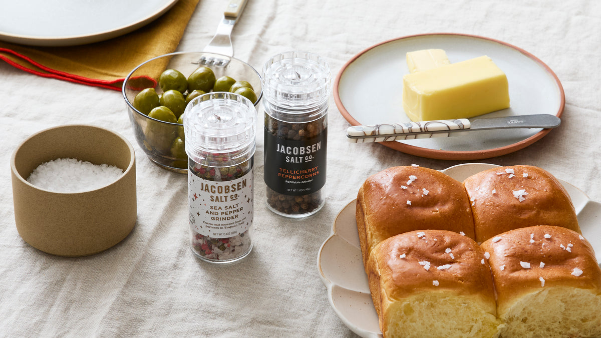SEA SALT AND PEPPER GRINDER
Our Pure Italian Coarse Sea Salt blended with pink and green peppercorns, this grinder is the perfect festive addition to your kitchen counter. Add to any seasonal dish for fresh spice and bright salinity. 
$12