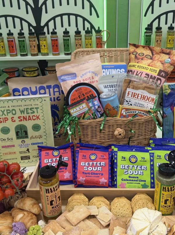 Assorted snacks and products including chips, chutneys, and cookies on a shelf.