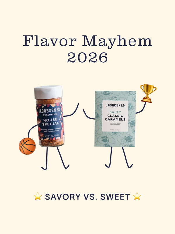 Two animated jars with a label and a trophy, labeled 'Flavor Mayhem 2026 Savory vs. Sweet', on a white background.
