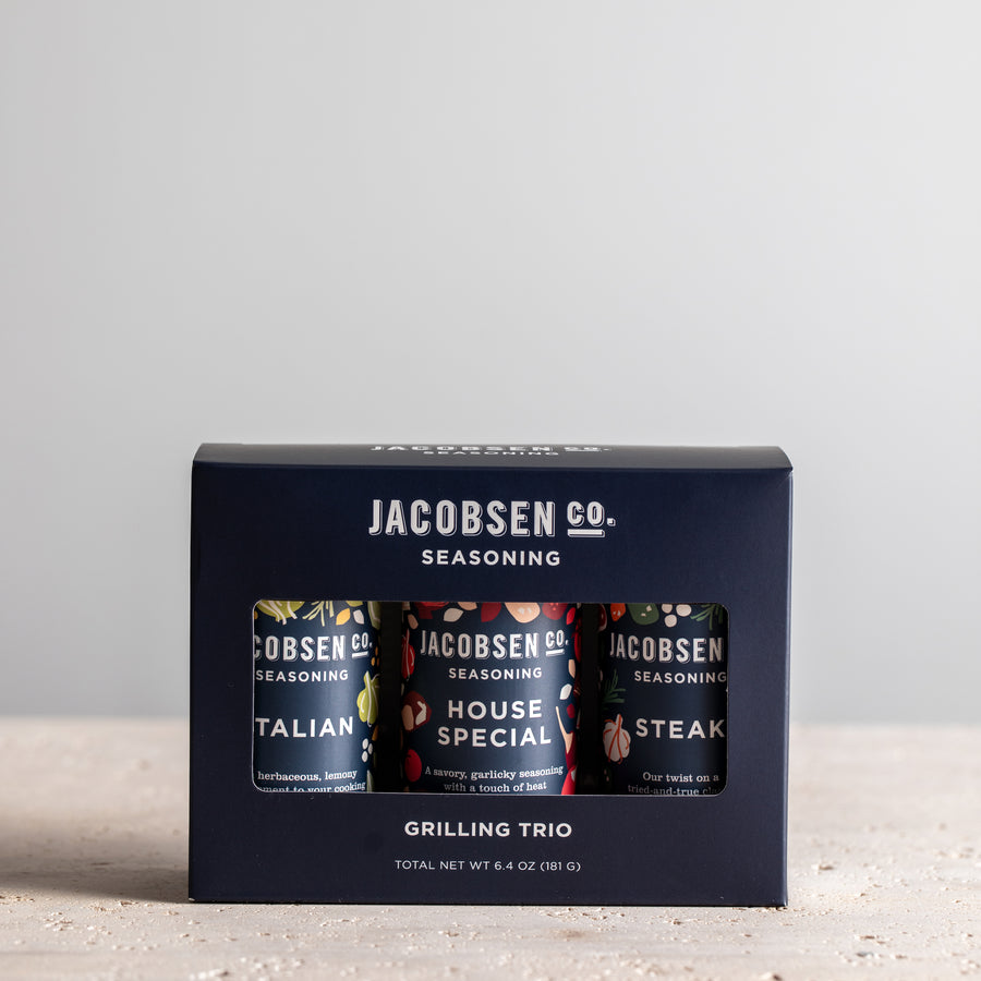 Packaged Jacobsen Grilling Trio, which includes Italian Seasoning, House Special Seasoning and Steak Seasoning