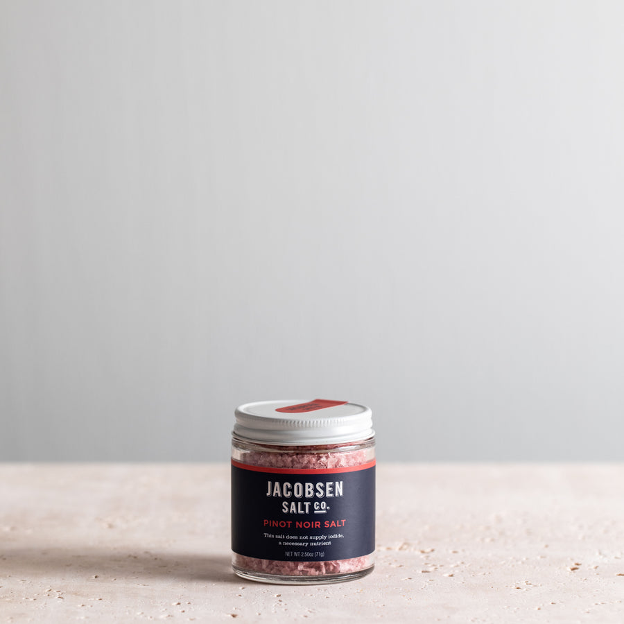A 2.5 oz jar of Jacobsen Infused Pinot Noir Salt.