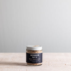 A 2.46 oz jar of Jacobsen White Truffle Salt. 