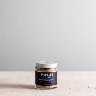 A 2.46 oz jar of Jacobsen White Truffle Salt. 
