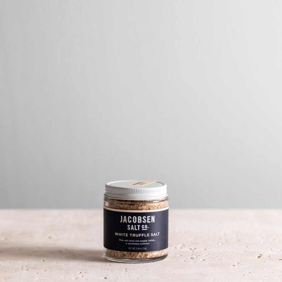 A 2.46 oz jar of Jacobsen White Truffle Salt. 