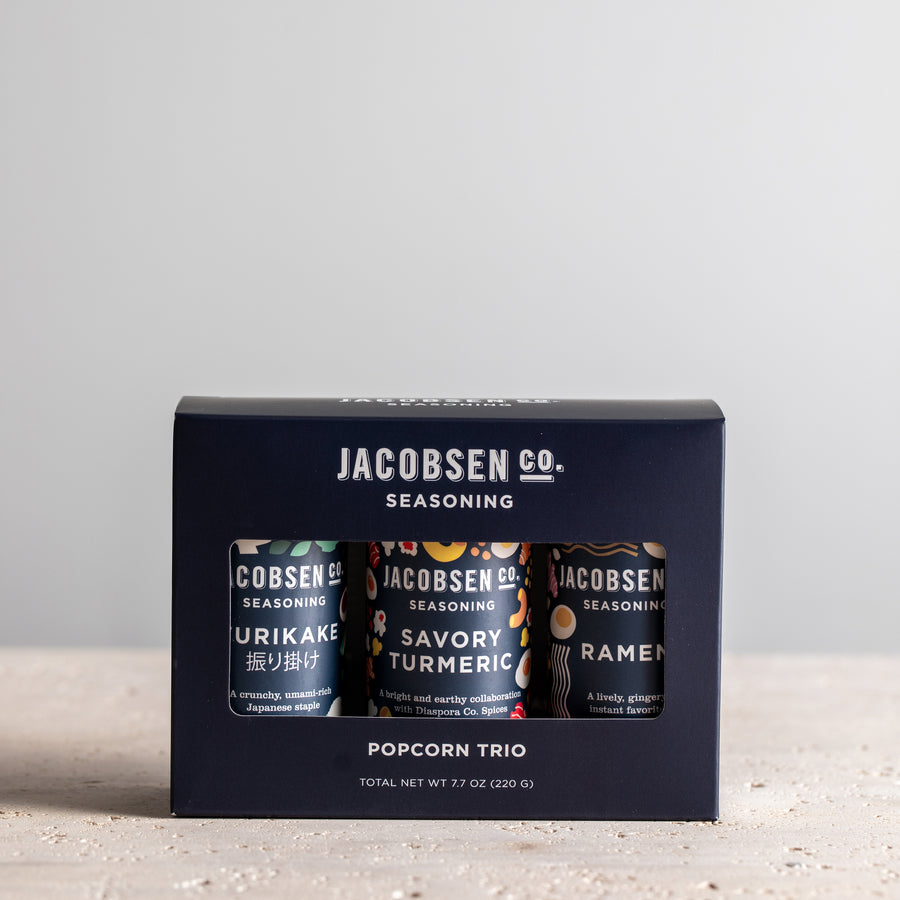 Packaged Jacobsen Popcorn Trio, which includes Furikake, Savory Turmeric Seasoning and Ramen Seasoning