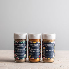 Unpackaged Popcorn Trio, which includes shaker jars of Furikake, Savory Turmeric Seasoning and Ramen Seasoning
