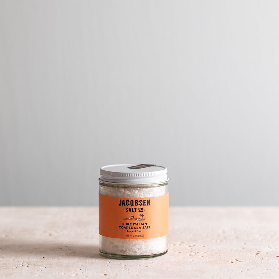 6.7 oz jar of Jacobsen Pure Italian Coarse Sea Salt.