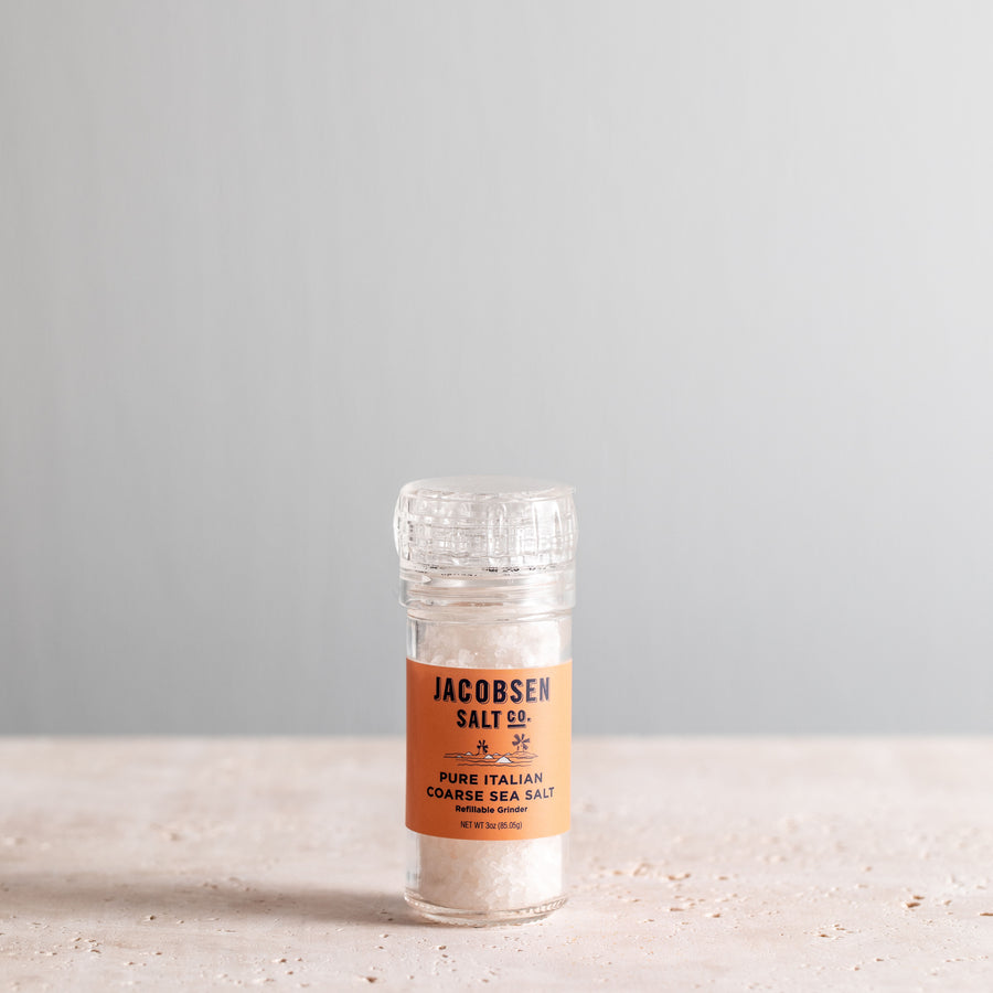 3 oz glass grinder of Jacobsen Pure Italian Coarse Sea Salt