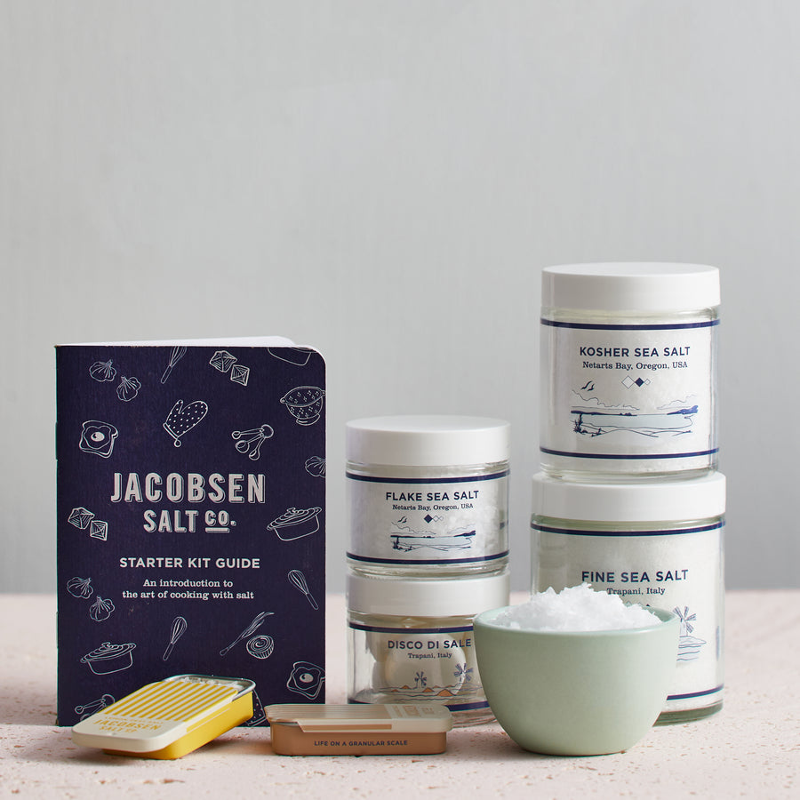 Jacobsen Starter Kit, which included jars of Flake Salt, Kosher Salt, Fine Sea Salt,  Disco di Sale, two infused slide tins and a starter kit guide book