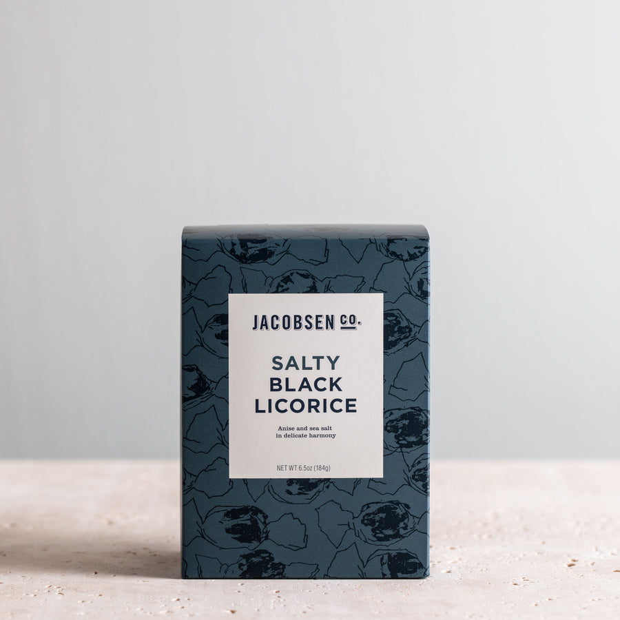 6.5 ounce box of Jacbosen Co. Salty Black Licorice