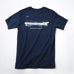 Jacobsen Salt Co. Netarts Bay T-Shirt, blue shirt with ocean imagery and the words "Netarts Bay, Oregon" underneath