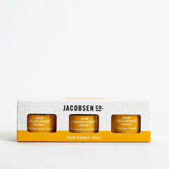 Raw Honey Sampler Set: Raw Buckwheat Honey, Raw Blackberry Honey, Raw Carrot Flower Honey Packaged